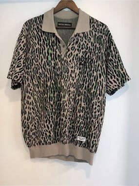 Wacko Maria Beige & Green Leopard Jacquard Knit Polo Shirt